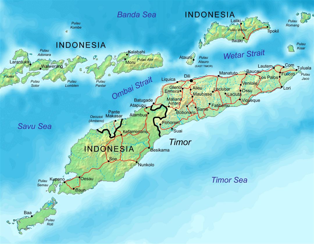 Grande mapa en relieve de Indonesia y Timor Oriental con carreteras