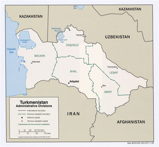 Detallado mapa de administrativas divisiones de Turkmenistán - 2008