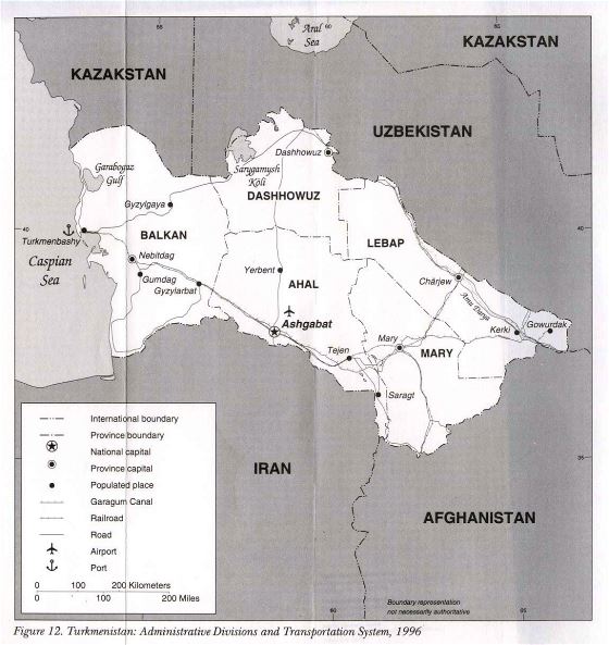 Detallado mapa de administrativas divisiones y sistema de transporte de Turkmenistán - 1996