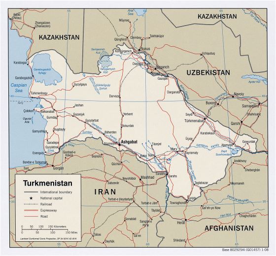 Detallado mapa político de Turkmenistán con carreteras, ferrocarriles y principales ciudades - 2008