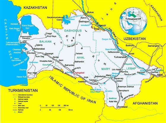 Detallado mapa político de Turkmenistán con otras marcas