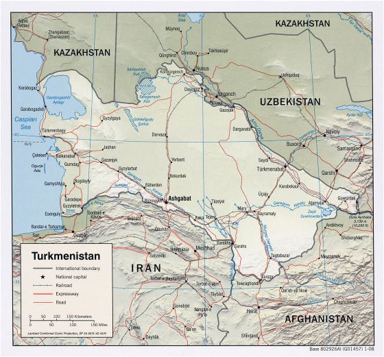 Detallado mapa político de Turkmenistán con relieve, carreteras, ferrocarriles y principales ciudades - 2008