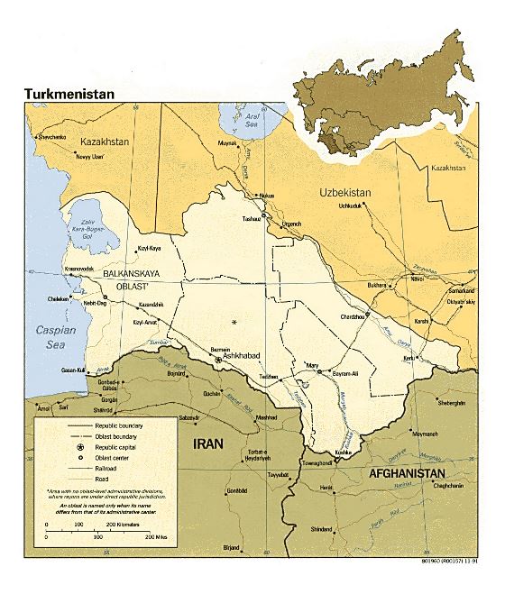 Detallado mapa político y administrativo de Turkmenistán con carreteras, ferrocarriles y principales ciudades - 1991