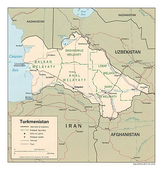 Detallado mapa político y administrativo de Turkmenistán con carreteras, ferrocarriles y principales ciudades - 1994