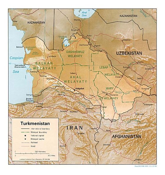 Detallado mapa político y administrativo de Turkmenistán con relieve, carreteras, ferrocarriles y principales ciudades - 1994