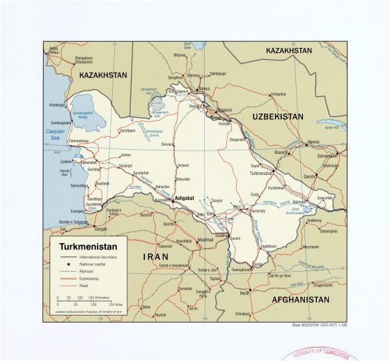 Grande detallado mapa político de Turkmenistán con carreteras, ferrocarriles y principales ciudades - 2008