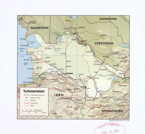 Grande detallado mapa político de Turkmenistán con relieve, carreteras, ferrocarriles y principales ciudades - 2008