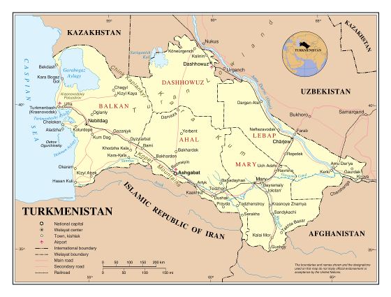 Grande detallado mapa político y administrativo de Turkmenistán con carreteras, ferrocarriles, principales ciudades y aeropuertos