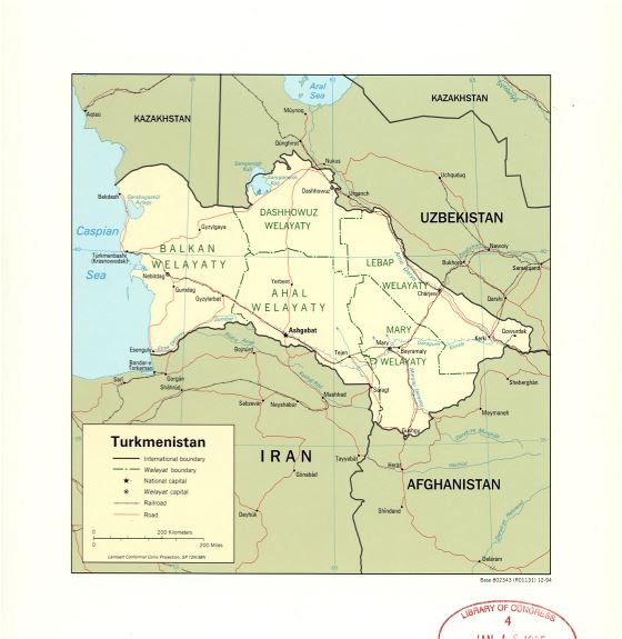 Grande detallado mapa político y administrativo de Turkmenistán con carreteras, ferrocarriles y principales ciudades - 1994