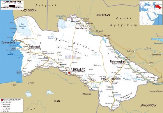 Grande hoja de ruta de Turkmenistán con ciudades y aeropuertos