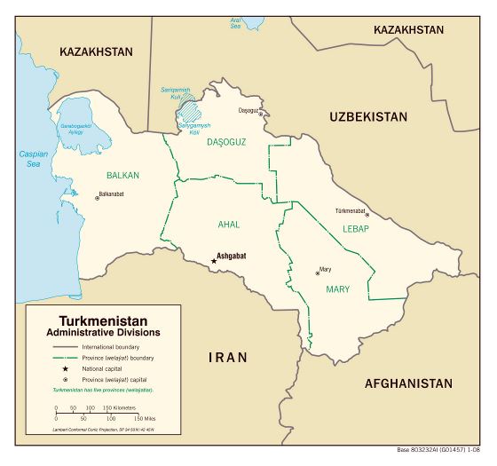 Grande mapa de administrativas divisiones de Turkmenistán - 2008