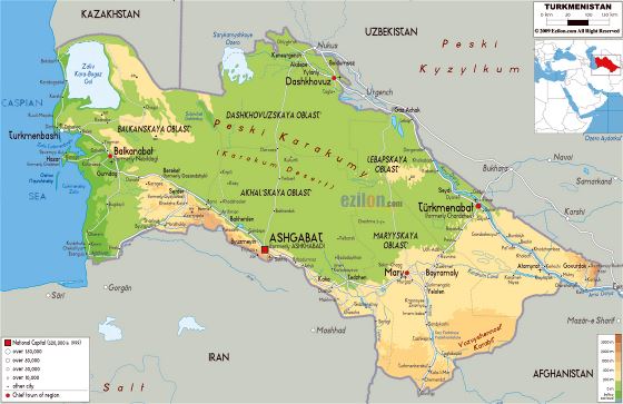 Grande mapa físico de Turkmenistán con carreteras, ciudades y aeropuertos