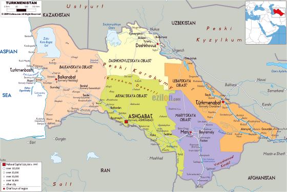 Grande mapa político y administrativo de Turkmenistán con carreteras, ciudades y aeropuertos