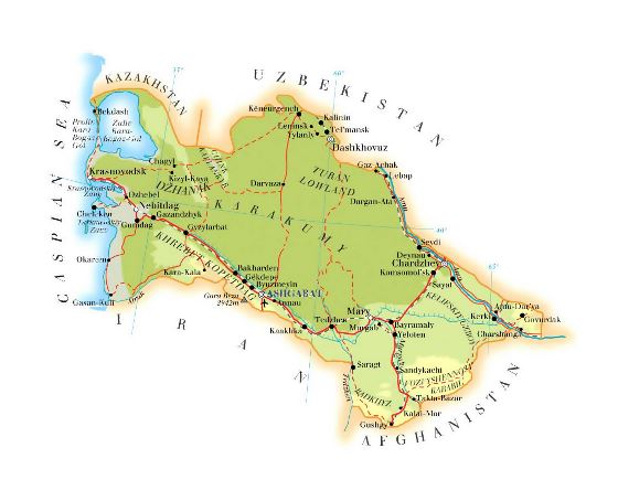 Mapa de elevación de Turkmenistán con carreteras, ferrocarriles, ciudades y aeropuertos