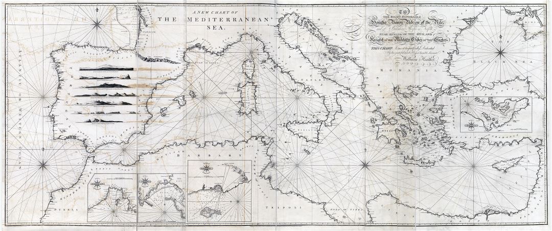 A gran escala detallado antiguo mapa del mar Mediterráneo - 1797