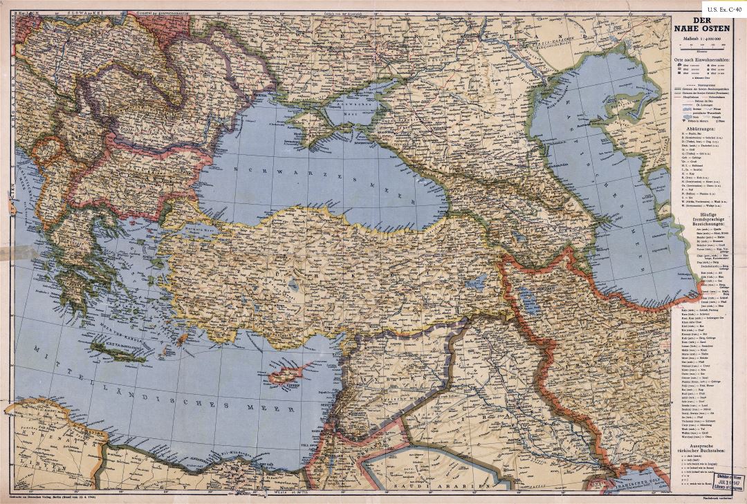 A gran escala detallado antiguo mapa político de Turquía y países vecinos con relieve, ciudades y otras marcas - 1944
