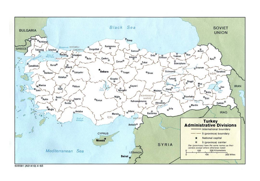 Detallado mapa de administrativas divisiones de Turquía - 1983