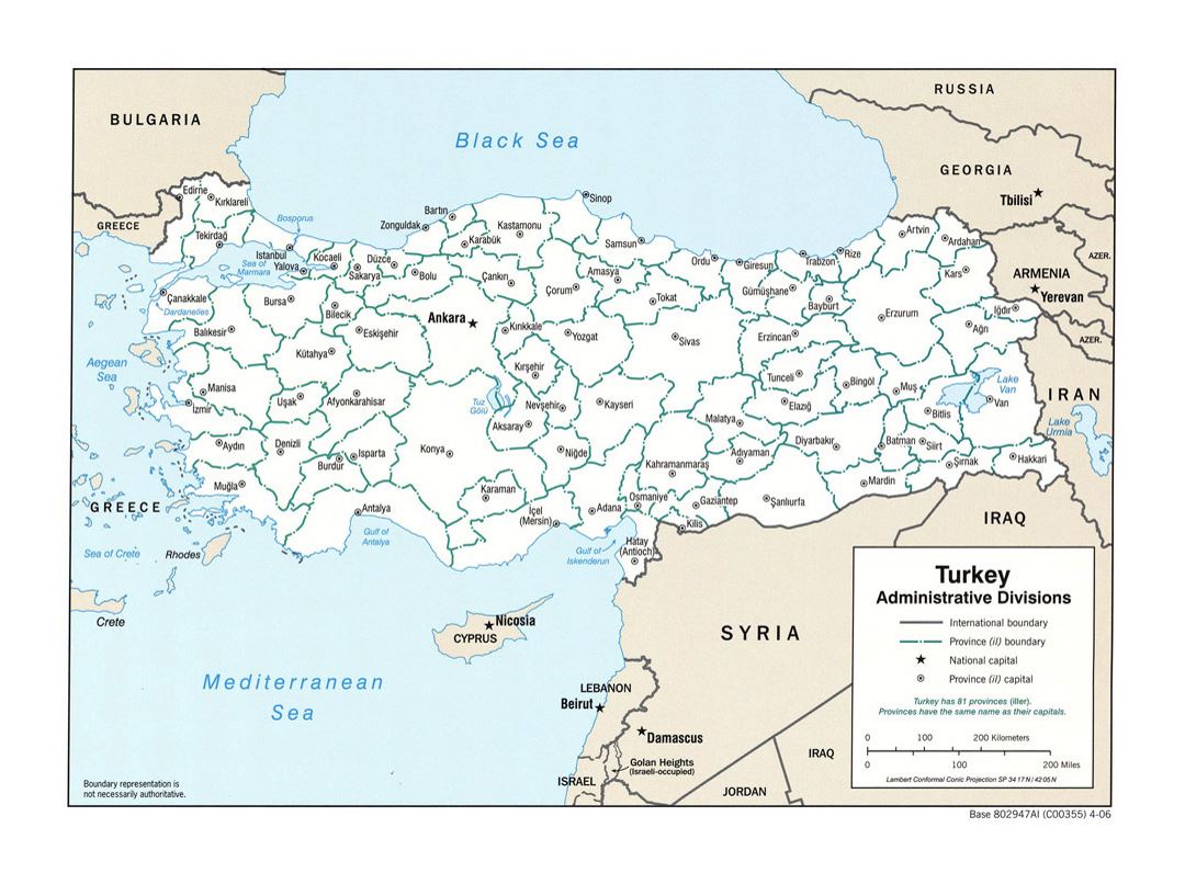 Detallado mapa de administrativas divisiones de Turquía - 2006