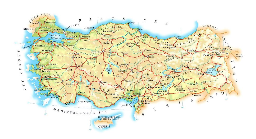 Detallado mapa de elevación de Turquía con carreteras, ferrocarriles, ciudades y aeropuertos