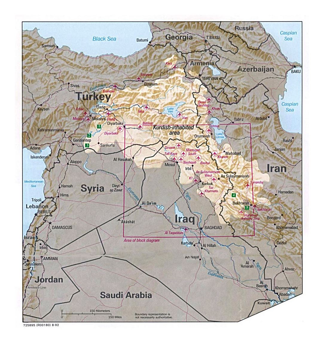 Detallado mapa de tierras Kurdas con relieve y otras marcas - 1992