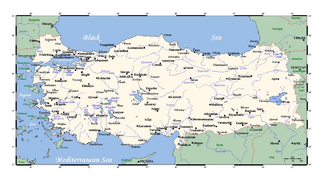 Detallado mapa de Turquía con principales ciudades