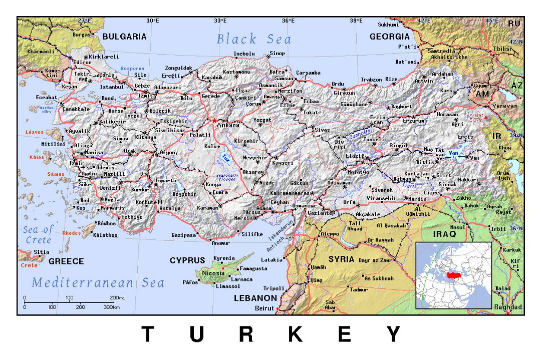 Detallado mapa político de Turquía con relieve