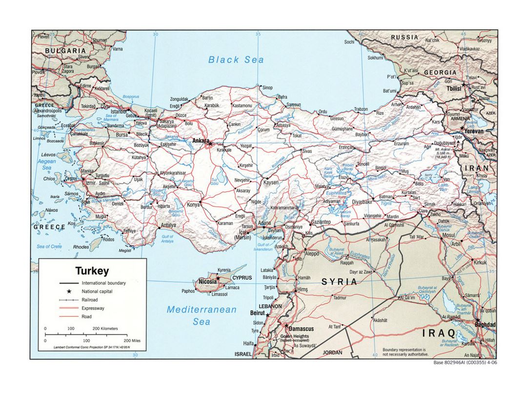 Detallado mapa político de Turquía con socorro, carreteras, ferrocarriles y principales ciudades - 2006