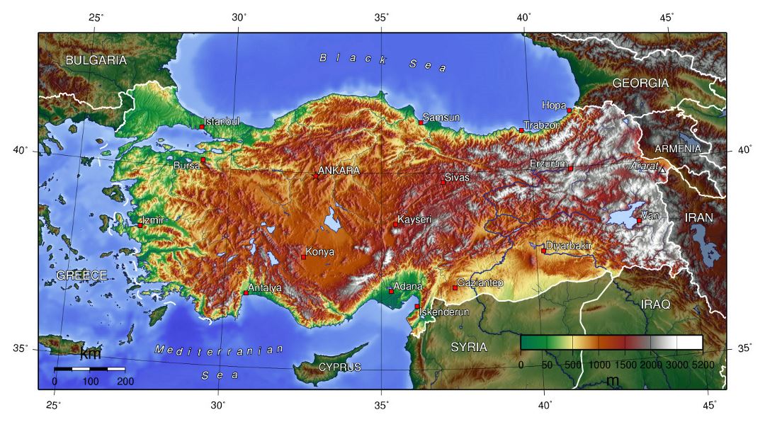 Detallado mapa topográfico de Turquía