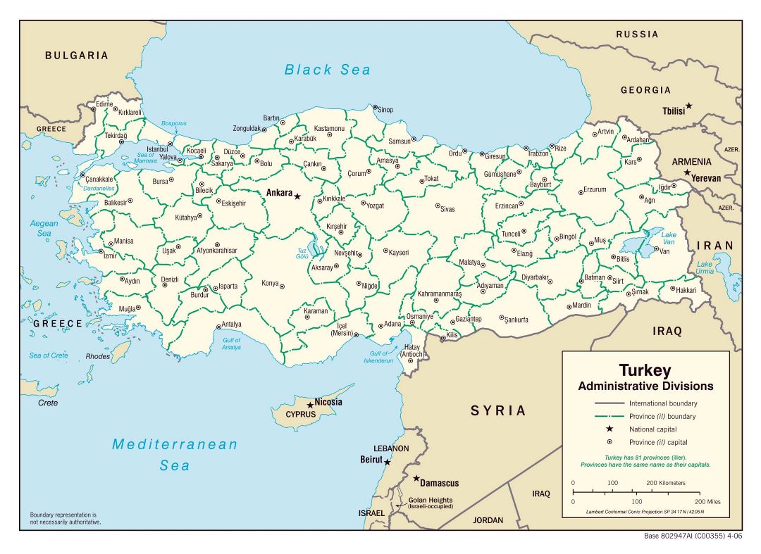 Grande mapa de administrativas divisiones de Turquía - 2006