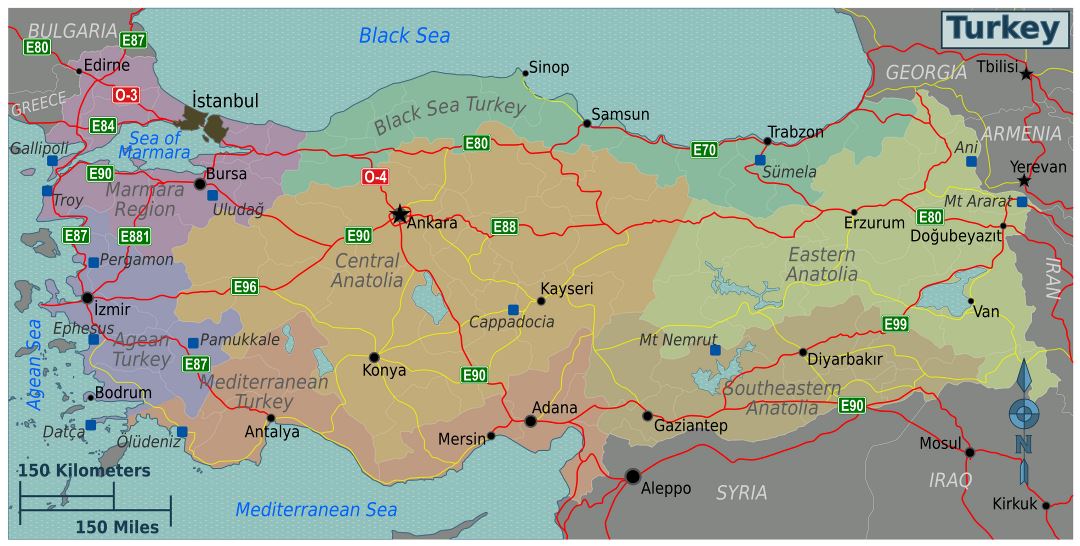Grande mapa de regiones de Turquía
