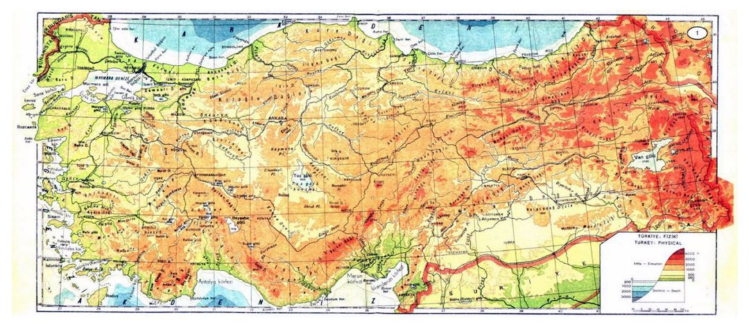 Grande mapa físico de Turquía