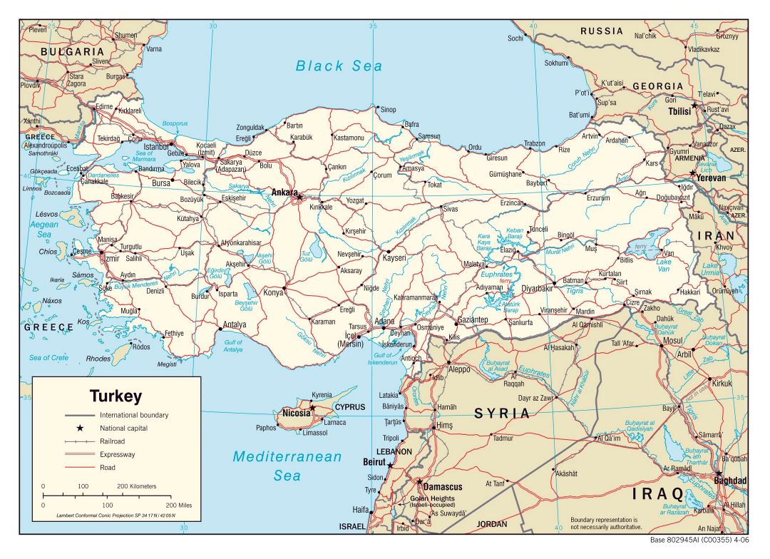 Grande mapa político de Turquía con carreteras, ferrocarriles y grandes ciudades - 2006