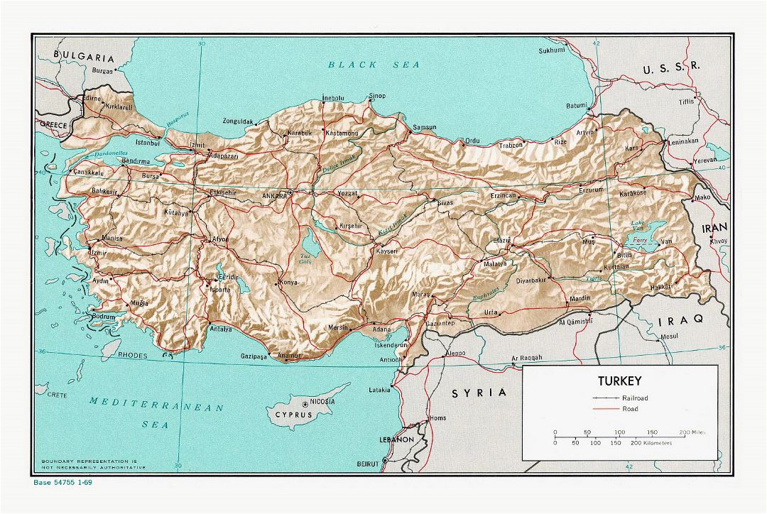 Grande mapa político de Turquía con relieve, carreteras, ferrocarriles y grandes ciudades - 1969