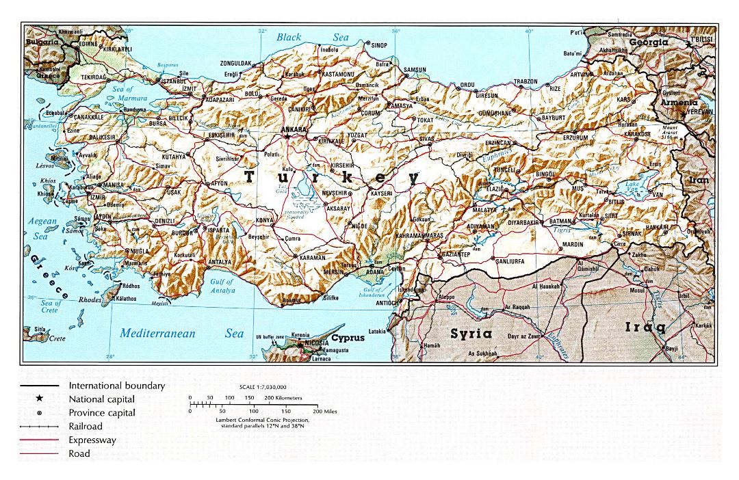 Grande mapa político de Turquía con socorro, carreteras, ferrocarriles y principales ciudades - 1993