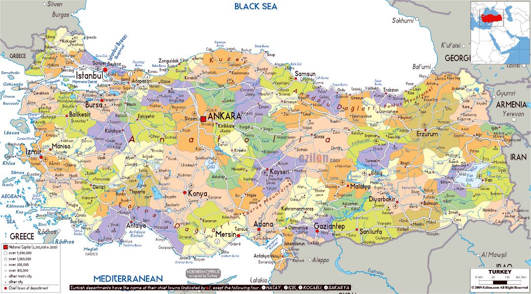 Grande mapa político y administrativo de Turquía con carreteras, ciudades y aeropuertos