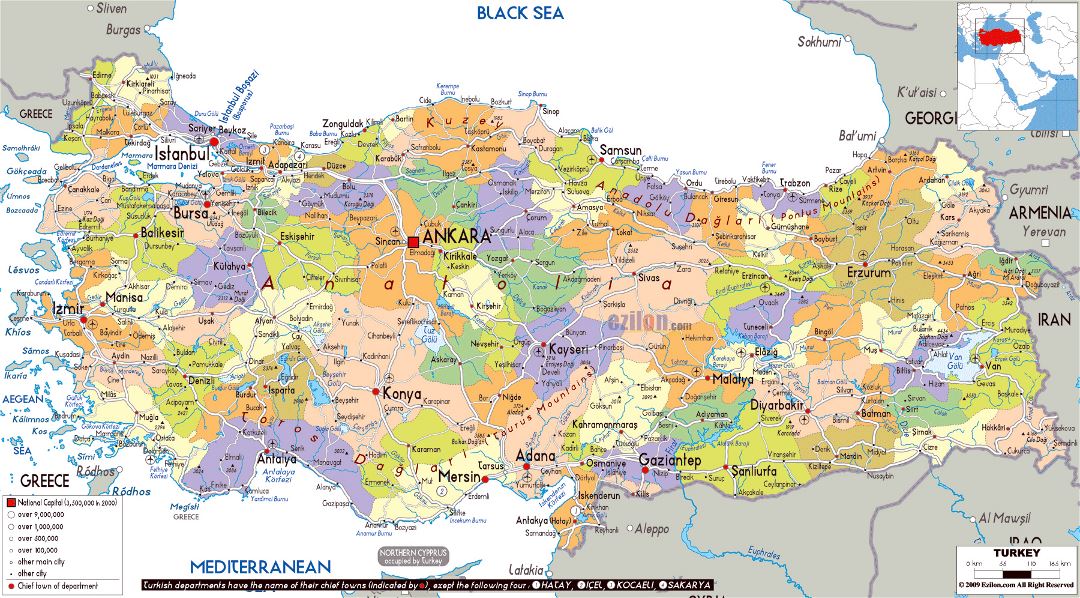 Grande mapa político y administrativo de Turquía con carreteras, ciudades y aeropuertos
