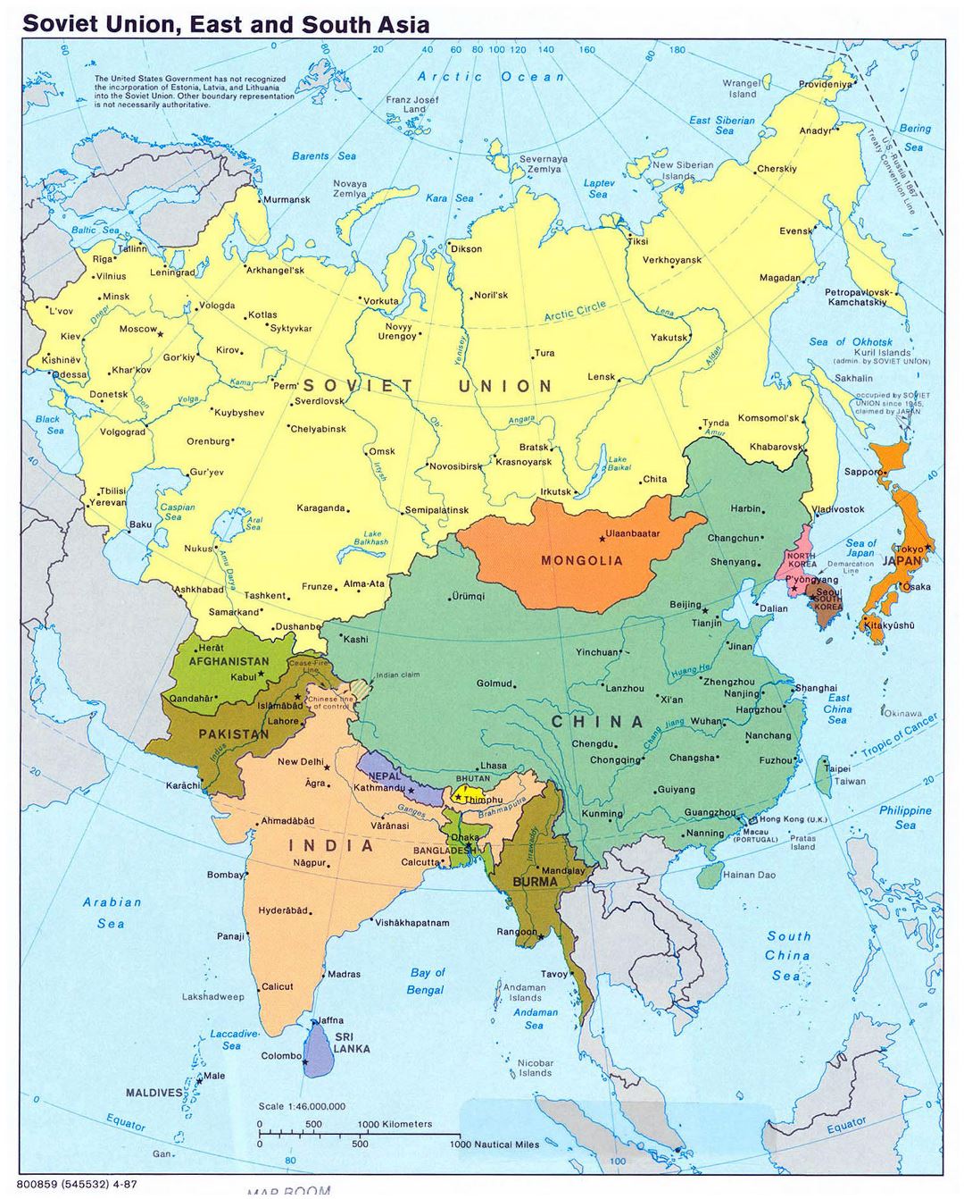Unión Soviética, Asia Oriental y Meridional mapa más grande - 1987