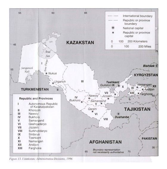 Detallado mapa de administrativas divisiones de Uzbekistán - 1996