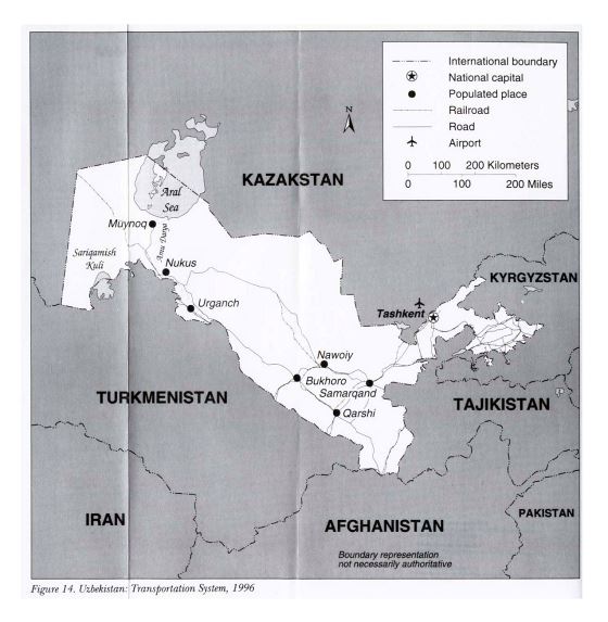 Detallado mapa del sistema de transporte de Uzbekistán - 1996