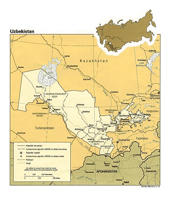 Detallado mapa político y administrativo de Uzbekistán con carreteras, ferrocarriles y principales ciudades - 1991