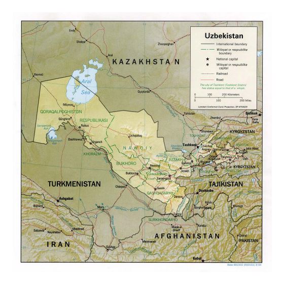Detallado mapa político y administrativo de Uzbekistán con relieve, carreteras, ferrocarriles y principales ciudades - 1994