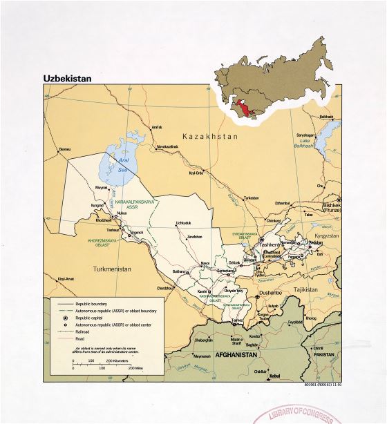 Grande detallado mapa político y administrativo de Uzbekistán con carreteras, ferrocarriles y principales ciudades - 1991