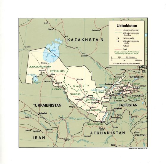 Grande detallado mapa político y administrativo de Uzbekistán con carreteras, ferrocarriles y principales ciudades - 1994