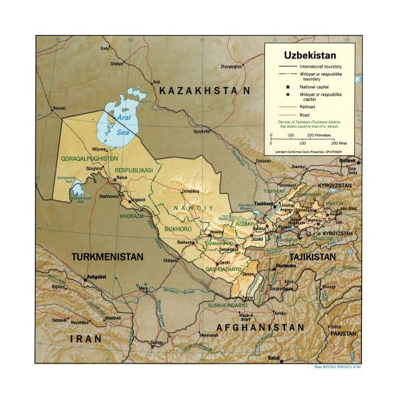 Grande detallado mapa político y administrativo de Uzbekistán con relieve, carreteras, ferrocarriles y principales ciudades - 1994