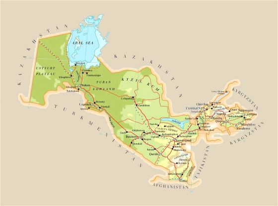 Grande mapa de elevación de Uzbekistán con carreteras, ferrocarriles, ciudades y aeropuertos