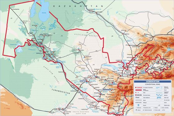 Grande mapa de elevación de Uzbekistán con todas carreteras, ferrocarriles, ciudades y aeropuertos