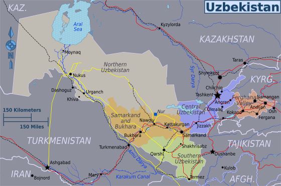 Grande mapa de regiones de Uzbekistán