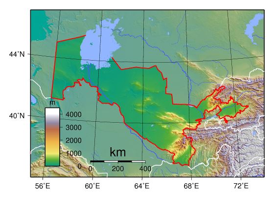 Grande mapa físico de Uzbekistán