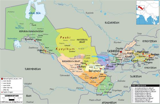 Grande mapa político y administrativo de Uzbekistán con carreteras, ciudades y aeropuertos