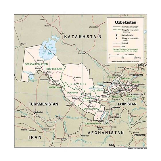 Grande mapa político y administrativo de Uzbekistán con carreteras, ferrocarriles y principales ciudades - 1994